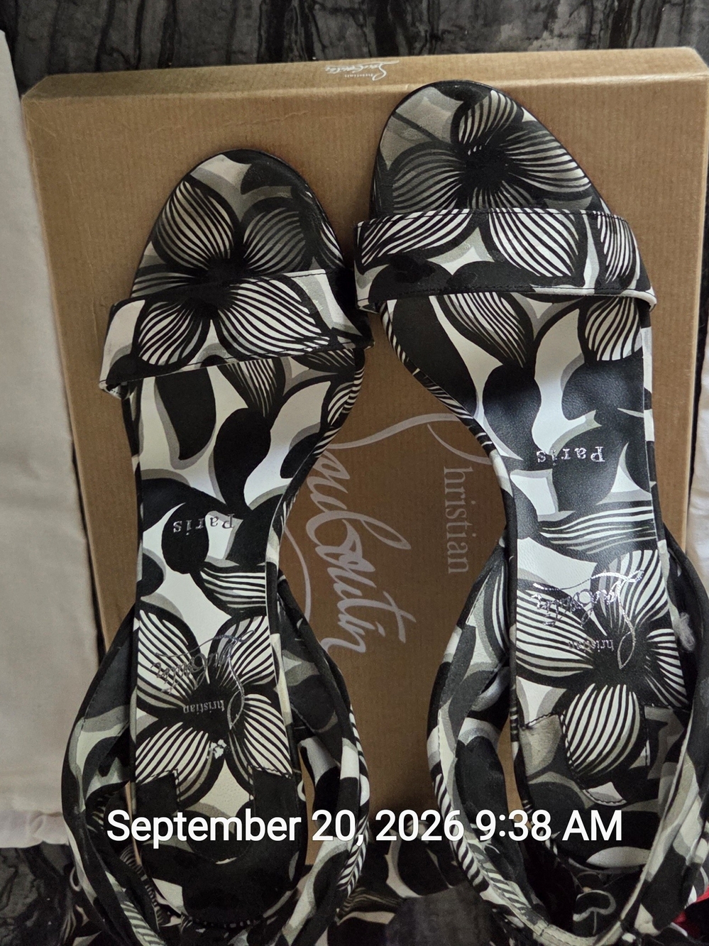 Christian Louboutin Women's Black & White Floral Slide Sandals